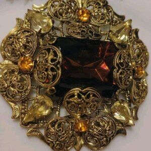 Vtg Unsigned West Germany Yellow Amber Glass Rhinestones Filigree Brooch